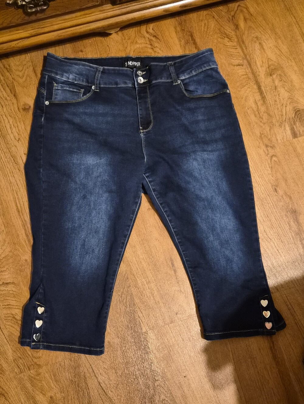 Women's Sandpiper caprice,Dark Blue Stretch Capri Jeans with Heart Button Detail